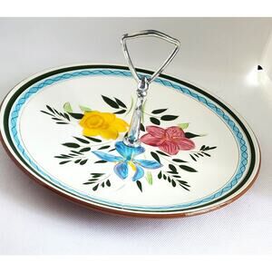 SERVING DISH-STANGL-Red Earthenware-Hand Painted-Silver Tone Center Handle
